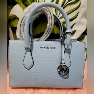 Michael Kors Womens Sheila Small Faux Saffiano Leather Satchel (Vista Blue)